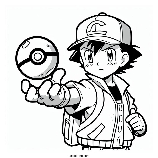 Ash Ketchum Throwing Pokeball Coloring Page For Kids