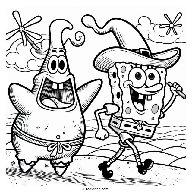Flying Dutchman Chasing SpongeBob Coloring Page And Patrick Star