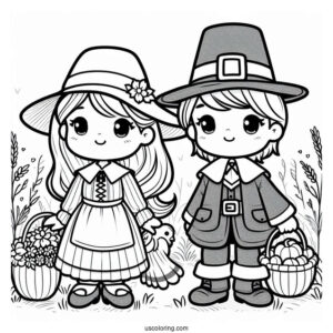 Adorable Girl And Boy Pilgrim Coloring Page