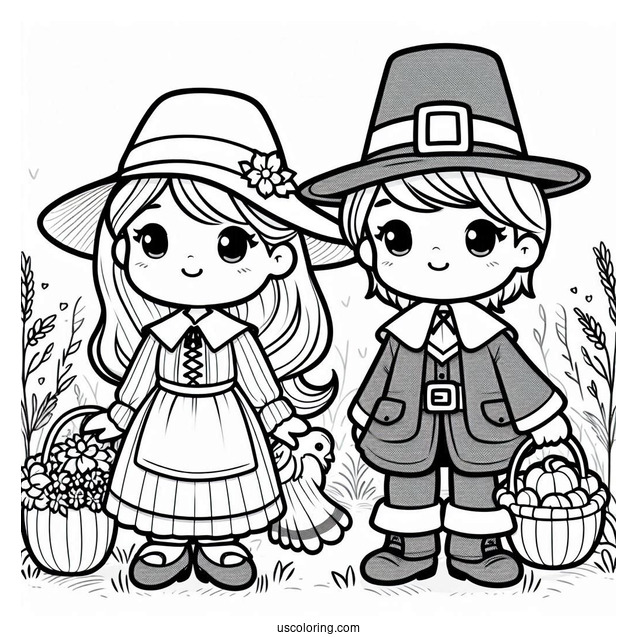 Adorable Girl And Boy Pilgrim Coloring Page
