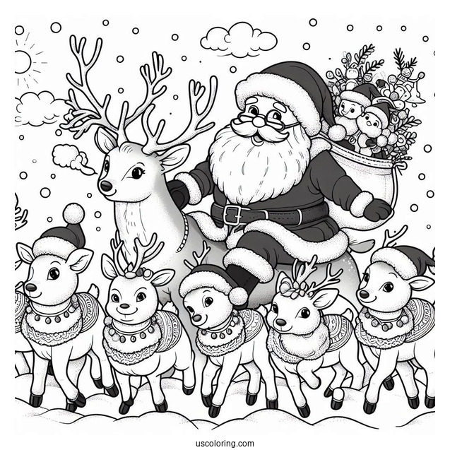 Santa And His Nine Reindeer Coloring Page