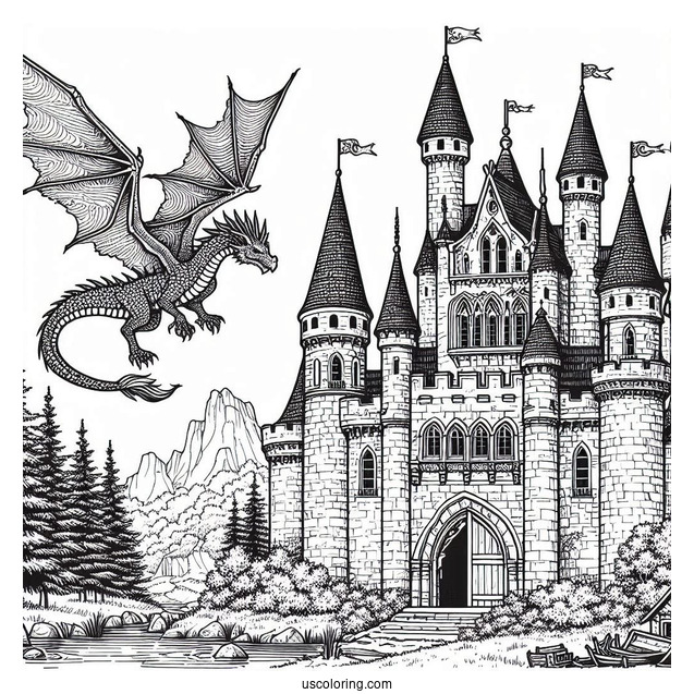 Middle Ages Castle Coloring Page With Dragon
