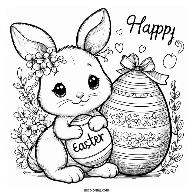 Bunny Holding Happy Easter Coloring Page Of Sign Next To Large Easter Eggs