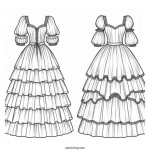 Long Dress Coloring Page With Puff Sleeves And Layered Skirt Coloring Page
