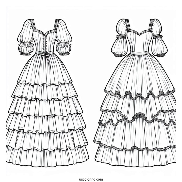 Long Dress Coloring Page With Puff Sleeves And Layered Skirt Coloring Page