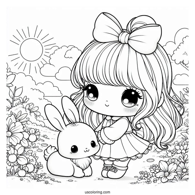Kawaii Precious Moments Coloring Page Of Girl In Garden With Bunny For Kids