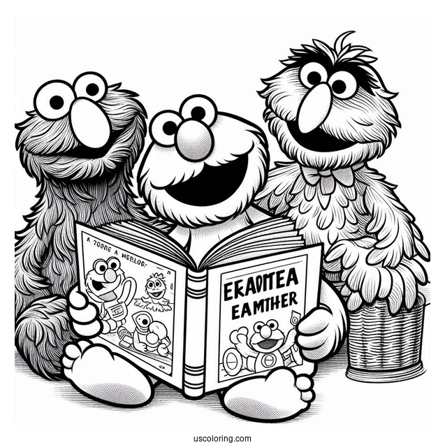 Elmo, Oscar and Big Bird Reading Books To Color