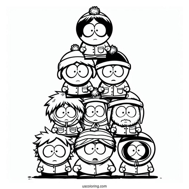 South Park Coloring Page Of Kenny, Kyle, Stan, Tolkein, Eric, And Butters Forming Pyramid