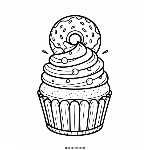 Coloring Page Of Cupcake With Donut To Color
