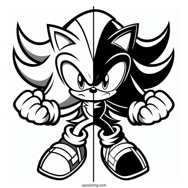 Half Sonic And Half Shadow Coloring Page In Fight Mode