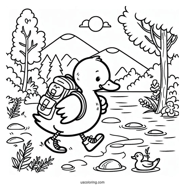 Simple Hiker Duck Next To the River Coloring Page For Preschoolers