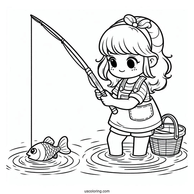 Little Girl Fishing Coloring Page For Kids