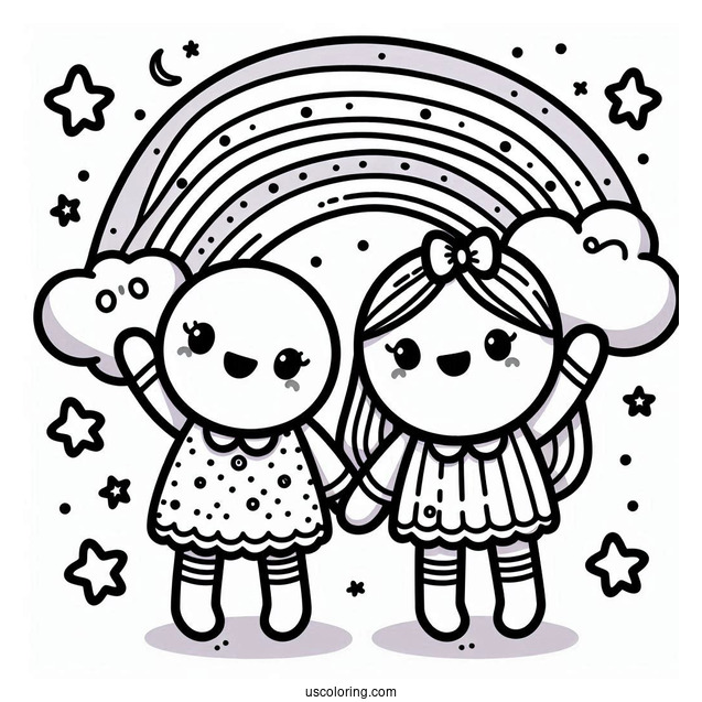 Simple Purple Rainbow Friends Coloring Page Waving