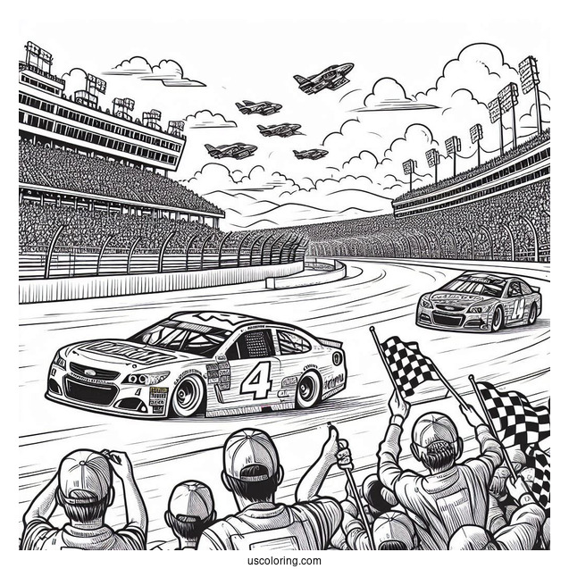 NASCAR Coloring Page Race Cars On Track With Crowd In Background
