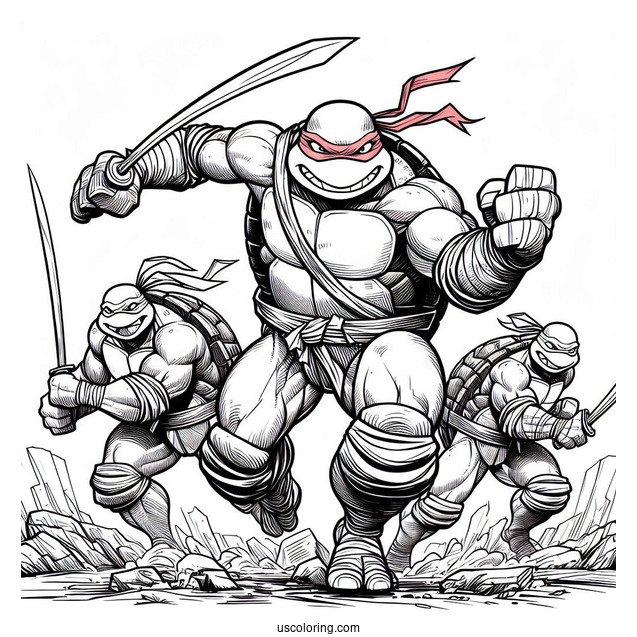 Ninja Turtles Coloring Page Of Raphael, Donatello, Michelangelo, And Leonardo Charging At Enemy