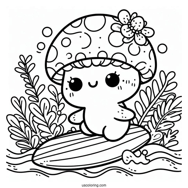Cute Coloring Page Mushroom Surfing