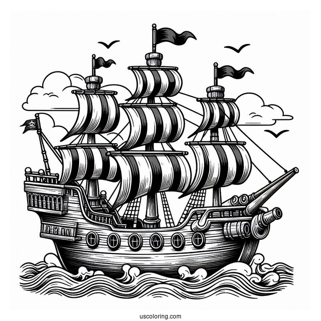 Wooden Pirate Ship With Canon To Color