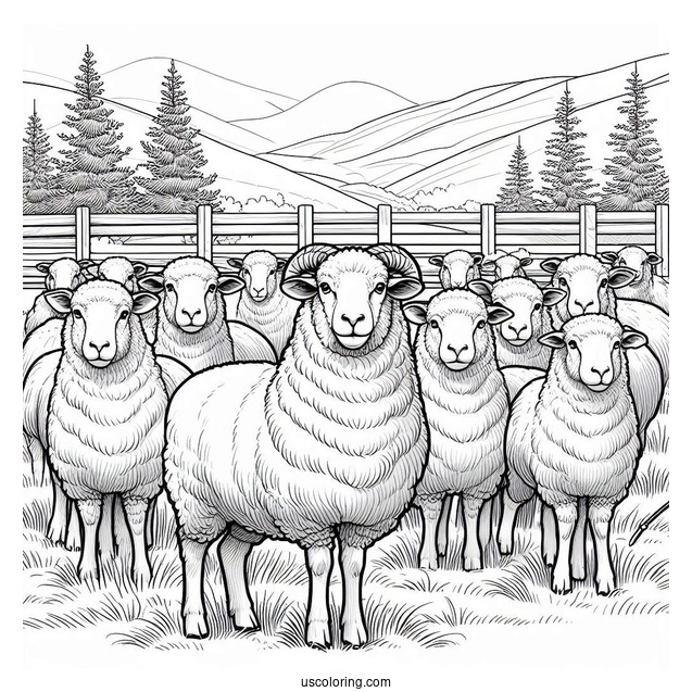 Flock Of Sheep Standing In Paddock Coloring