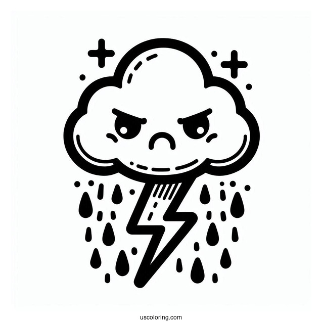 Angry Cloud With Rain Coloring Page And Lightning For Kids