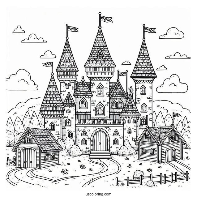 Castle Coloring Page With Flags In A Village For Kids