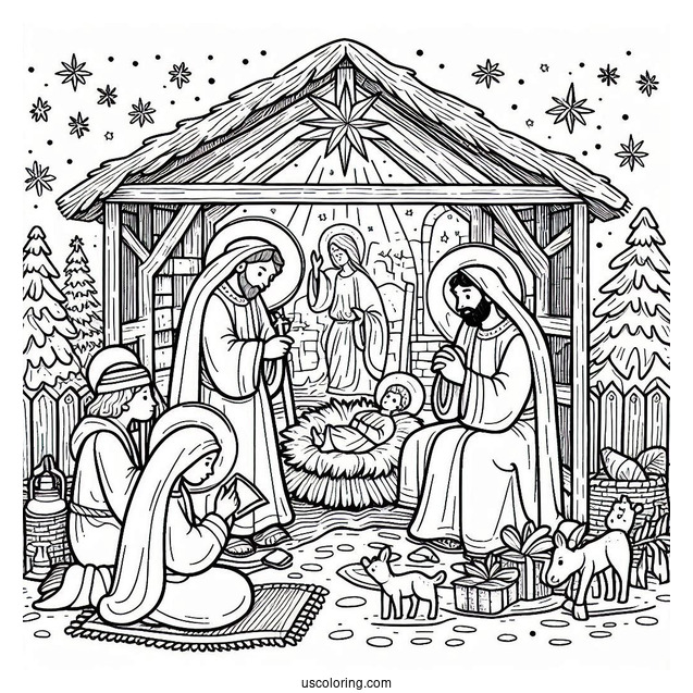 Easy Nativity Coloring Page Scene For Kids
