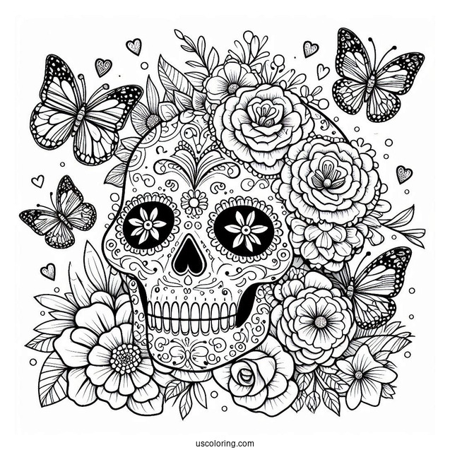 Detailed Sugar Skulls Coloring Page With Flowers And Butterflies