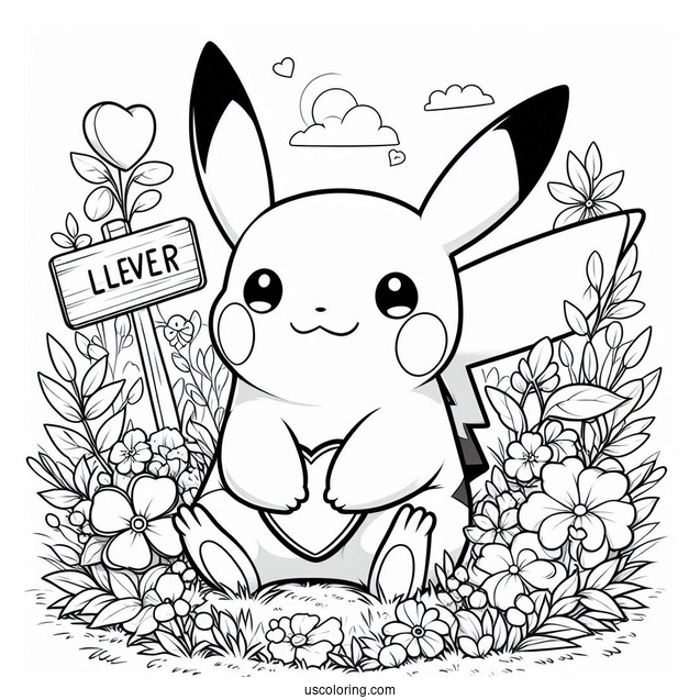 Pikachu Sitting On A Flower Field With A Father's Day Coloring Page Of Sign