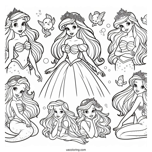 Coloring Page Of Ariel With Her Six Sisters