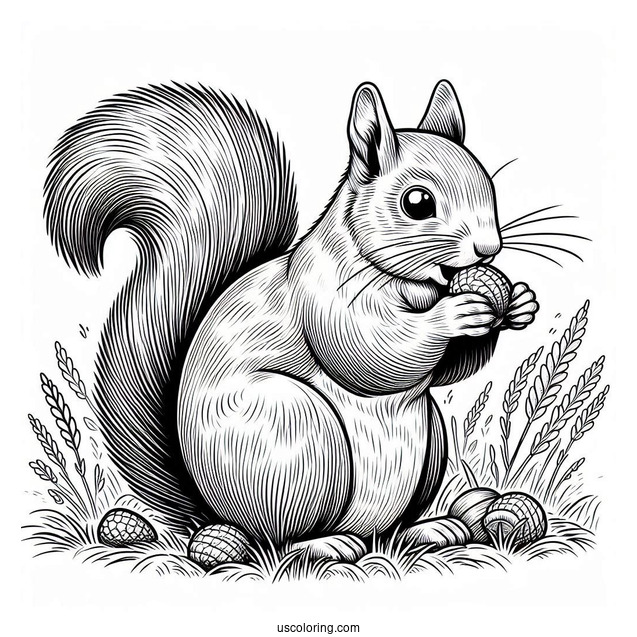 Realistic Squirrel Coloring Page Eating Nut On Field