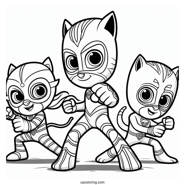 PJ Masks Coloring Page Of Owlette, Catboy, And Gekko In Fighting Stance