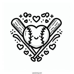 Baseball Coloring Page Of Heart and Bats For Preschoolers