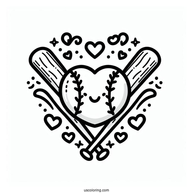 Baseball Coloring Page Of Heart and Bats For Preschoolers