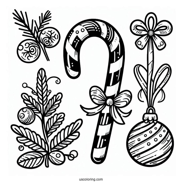 Candy Cane And Christmas Ornaments To Color