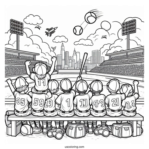 Easy Baseball Coloring Page Of Team Celebrating in Dugout For Kids