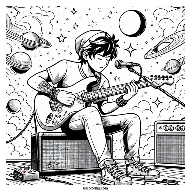 Sing Coloring Page Of Ash Playing Electric Guitar While Sitting On Amplifier