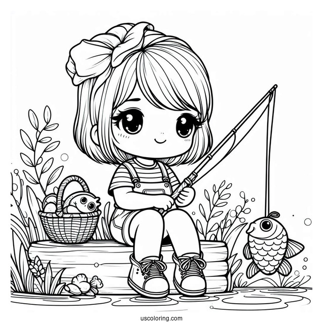 Little Girl Fishing Coloring Page For Kids