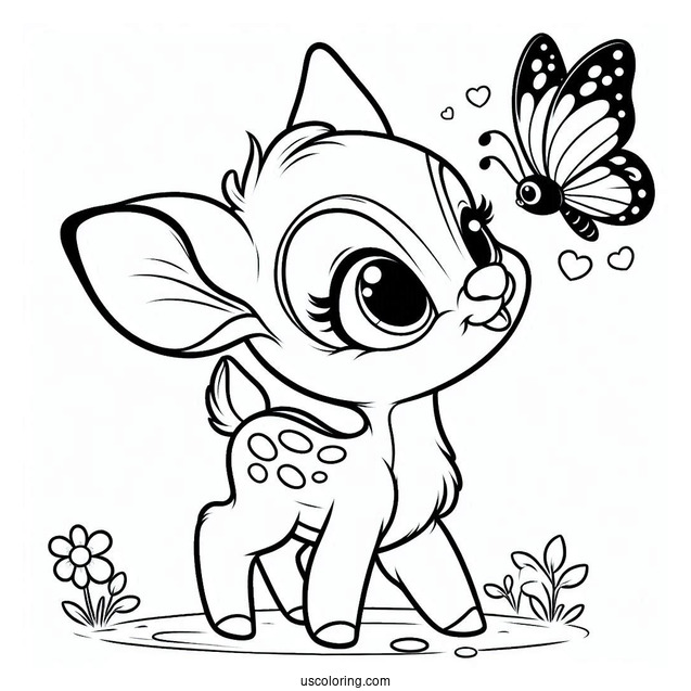 Coloring Page Of Bambi With Butterfly On Nose