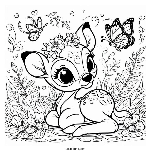 Coloring Page Of Bambi With Butterfly On Nose