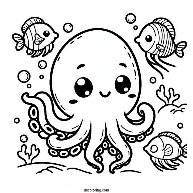 Kawaii Octopus Coloring Page Swimming With Fish