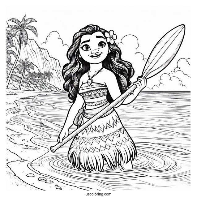 Moana Holding An Oar At The Beach Coloring Page For Kids