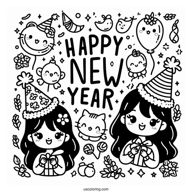 Simple Happy New Year Coloring Page Of Words With Cartoon Party Hats For Kids