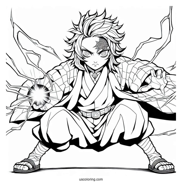 Tanjiro Coloring Page Using His Powers In Battle