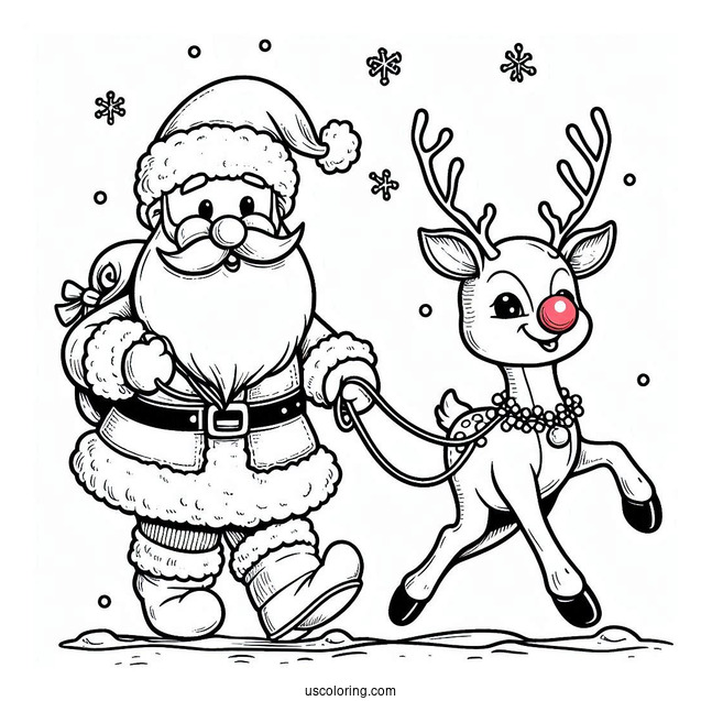 Rudolph Leading Santa With His Red Nose To Color