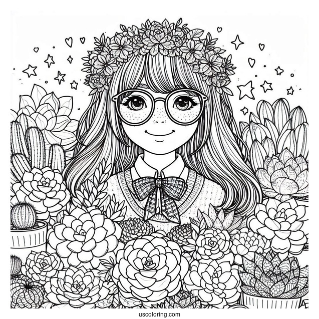 Nerdy Girl Surrounded By Succulents Coloring Page For Kids
