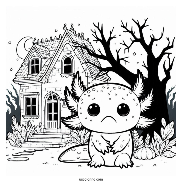 Sad Axolotl Coloring Page Outside A Haunted House