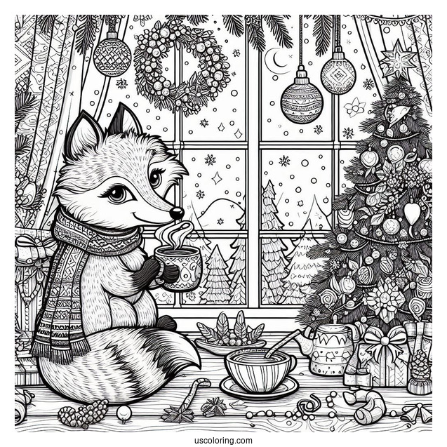 Christmas Coloring Pages For Adults Of Adorable Fox Drinking Tea By The Window