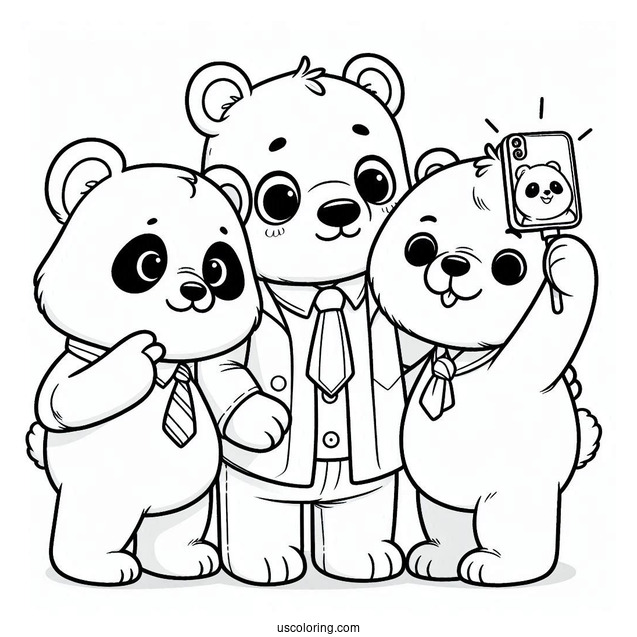 Cartoon Bear Coloring Page Taking Selfie With Panda And Polar Bear