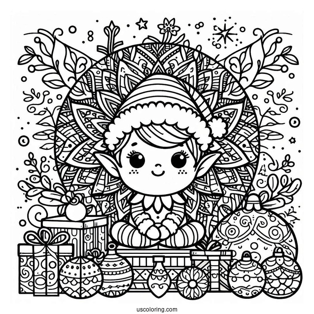 Cute Elf Sitting Inside A Christmas Mandala Coloring Page