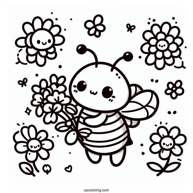 Kawaii Bee Coloring Page Collecting Flowers