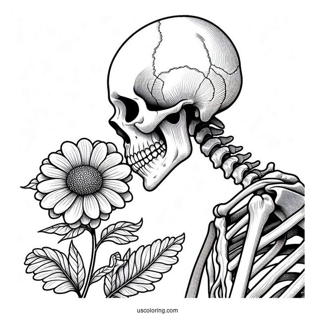 Realistic Skeleton Coloring Page Sniffing Flower